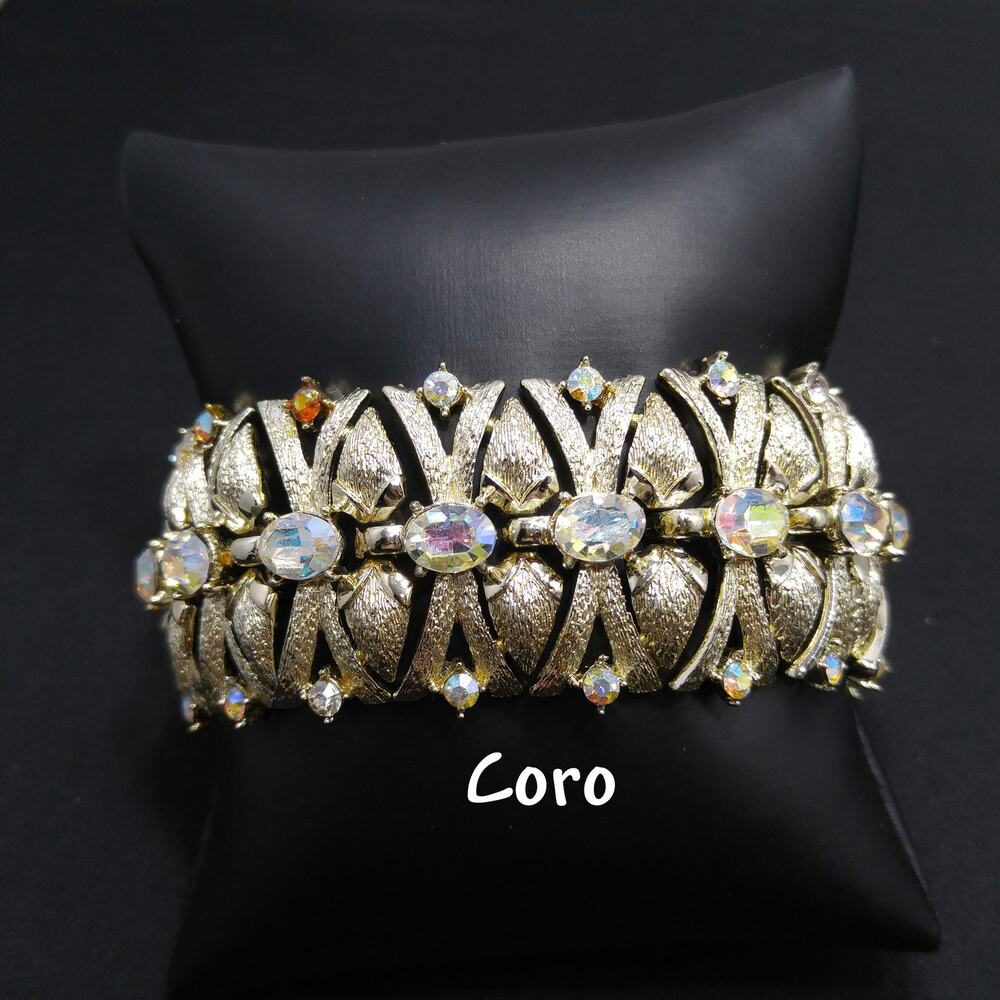 Coro Pegasus Aurora Borealis Wide Bracelet, Gold Plated, 1950s Vintage Jewelry